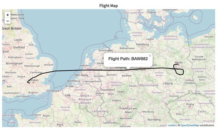 Map tracing a flight path between the UK and Germany for a tracked aircraft emergency