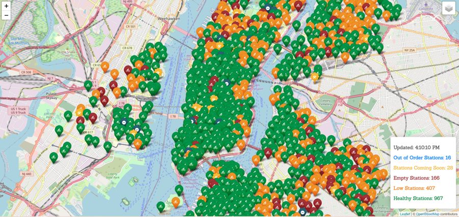 Live Leaflet map of Citi Bike stations across New York City colored by station status