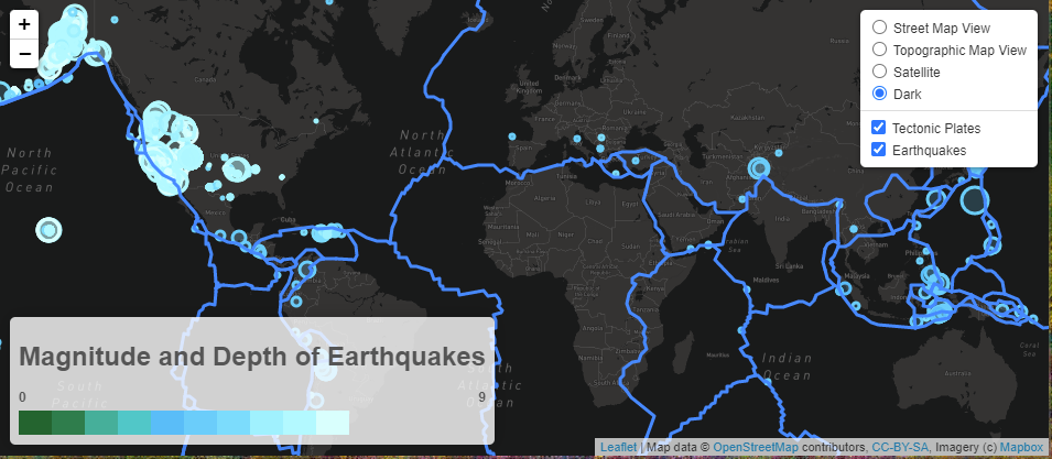 Dark-mode map plotting global earthquake magnitude and depth with tectonic plate overlays
