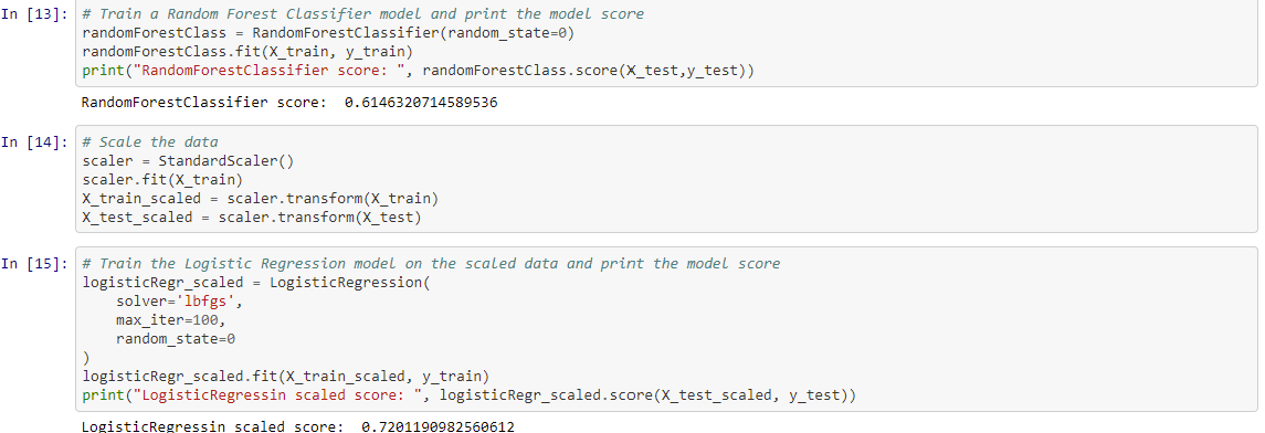 Notebook output comparing Random Forest and scaled Logistic Regression model scores